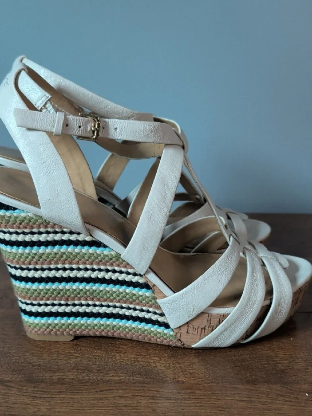 Nine West White Strappy Cork Wedge Sandals